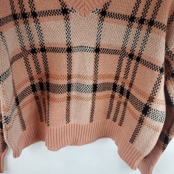 Belle Du Jour Pink Brown Plaid Knit Womens Crop Top Long Slv Sweater V Neck XL - Picture 6 of 10